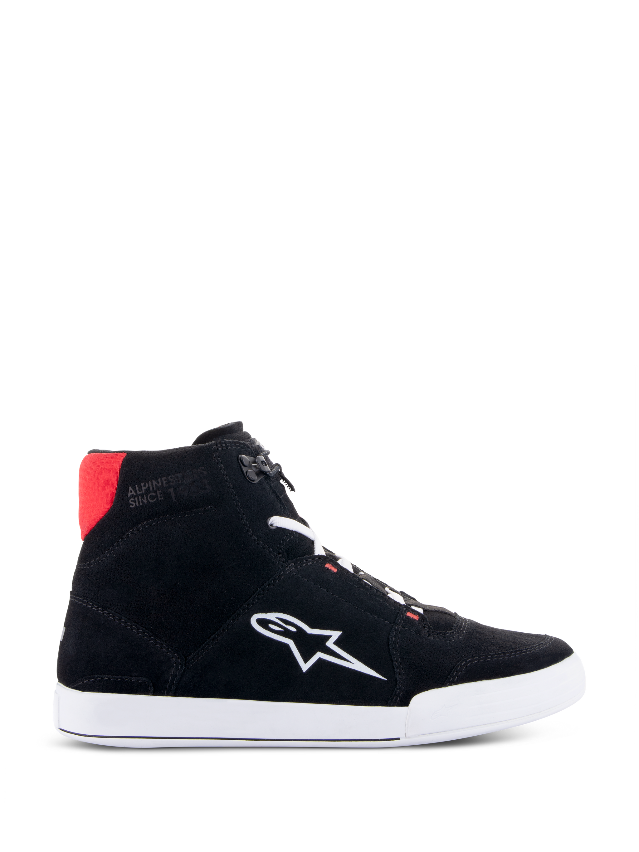 Alpinestars Chrome Shoes, Motorcycle Riding Shoes, Black White and Bright Red, side profile of high-top sneaker-style shoe with split suede upper, white sole and star logo, red heel detail, casual urban riding footwear