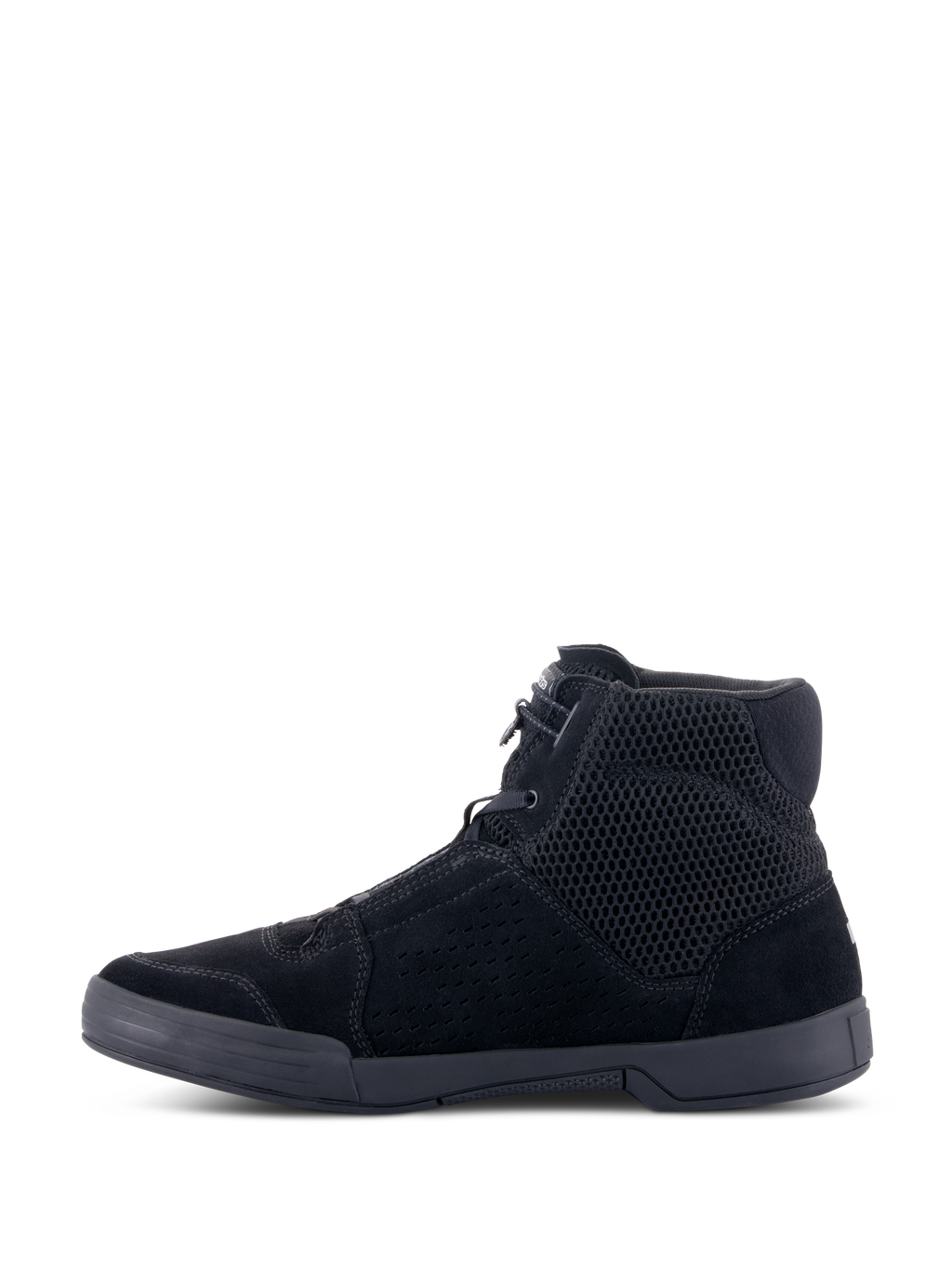 Alpinestars Chrome Air Shoe, Urban Motorcycle Riding Shoe, Black/Black, side profile view, high-top sneaker design with breathable mesh and split suede construction, flat rubber sole