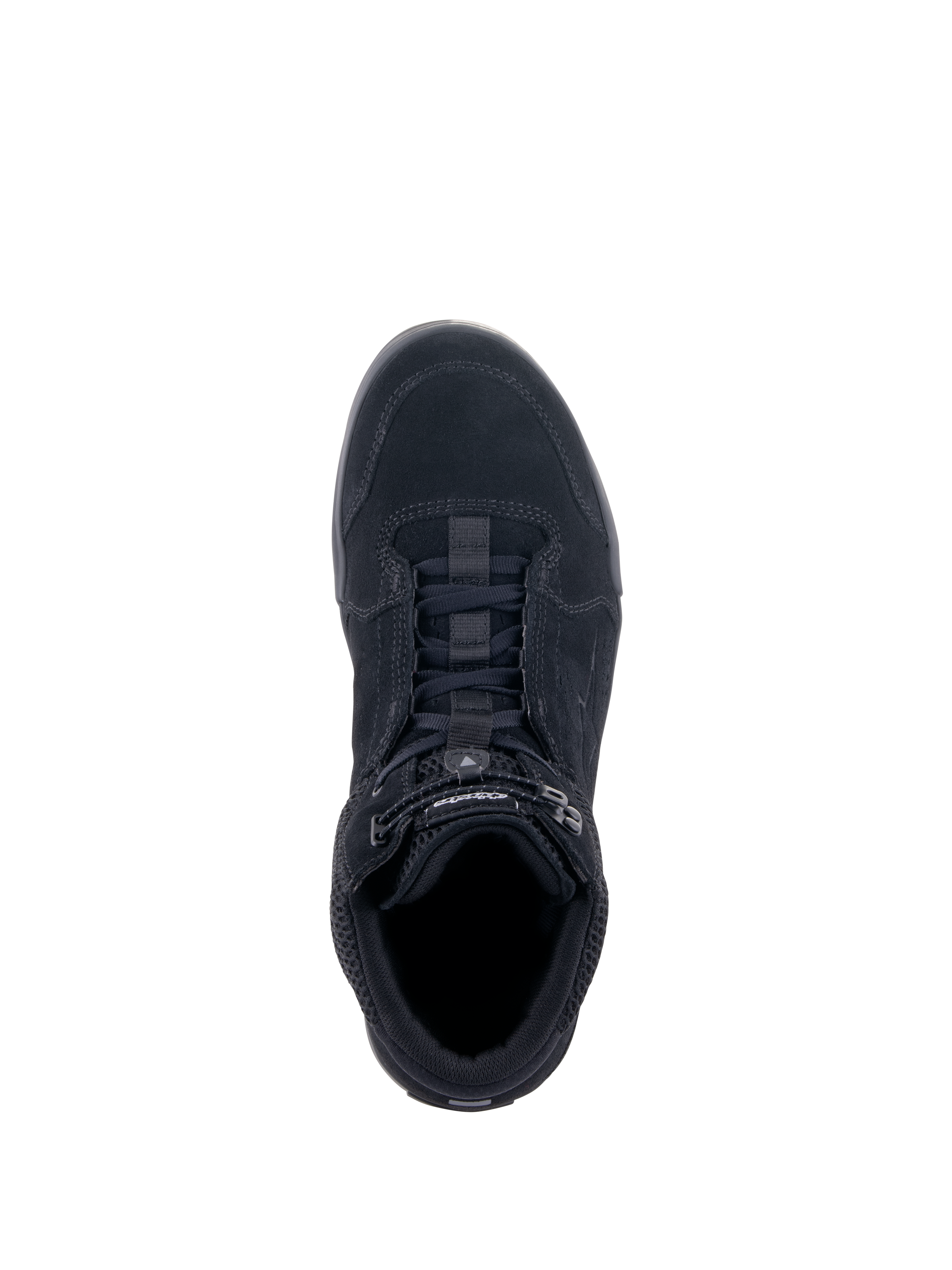 Alpinestars Chrome Air Shoe, Urban Motorcycle Riding Shoe, Black Black, top-down view showing split suede and mesh upper, lacing system with elasticated closure, casual sneaker design for urban commuting