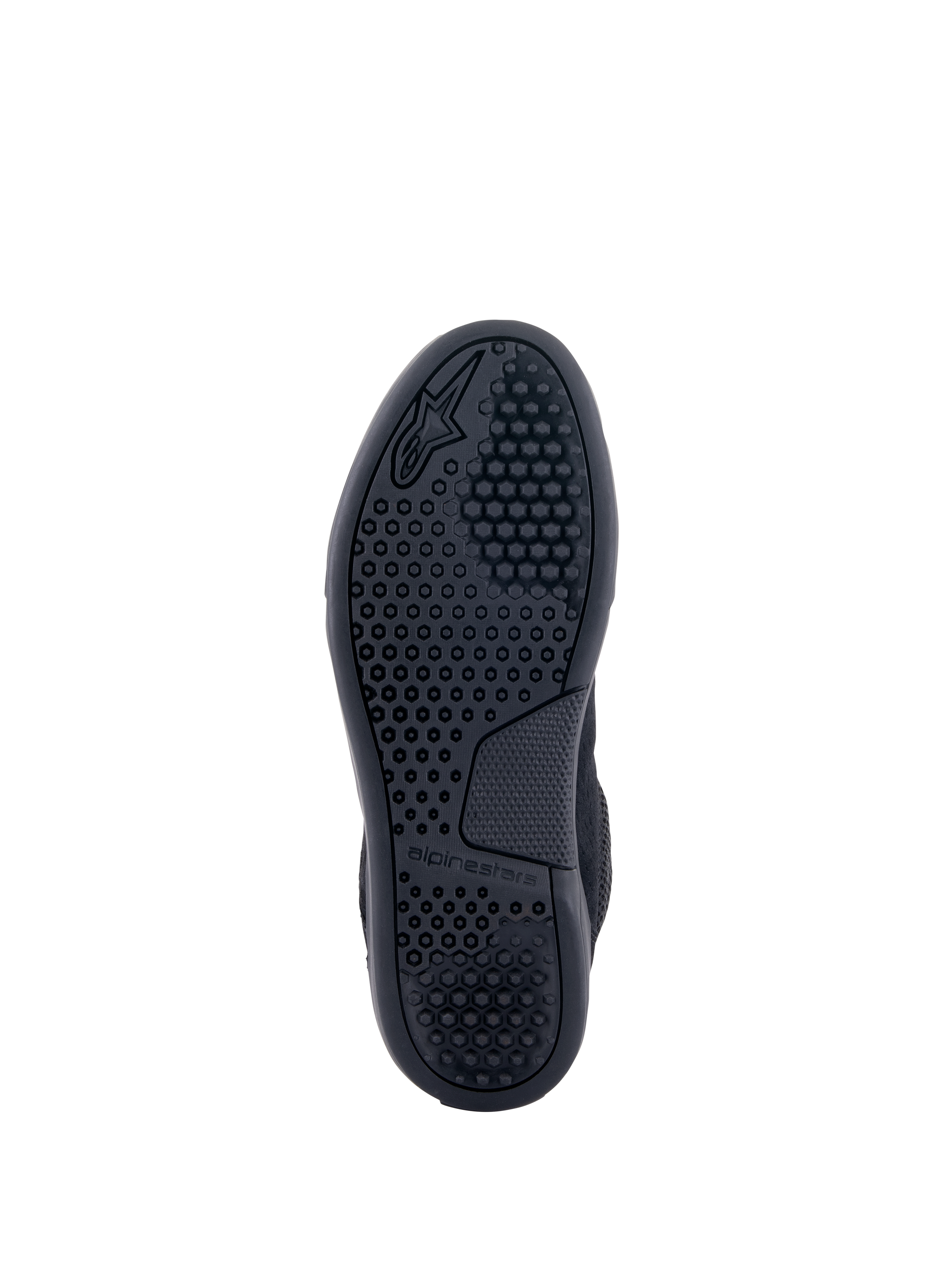 Alpinestars Chrome Air Shoe, Black, bottom view showing the outsole with a detailed hexagonal traction pattern, embossed Alpinestars logo and branding, durable rubber sole for urban motorcycle riding