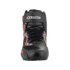 Alpinestars FQ20 Faster-3 Rideknit® Shoes, Motorcycle Riding Shoes, Black and Bright Red, front view featuring lace-up closure and hook and loop ankle strap with Alpinestars branding, graphic print on sides, sleek racing-inspired profile