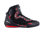 Alpinestars FQ20 Faster-3 Rideknit Shoes, Black high-top motorcycle riding shoes with bright red and white graphics, featuring Fabio Quartararo logos and patterns, knitted mesh upper with laces and ankle strap, sporty rubber sole with red accents, sleek racing-inspired design