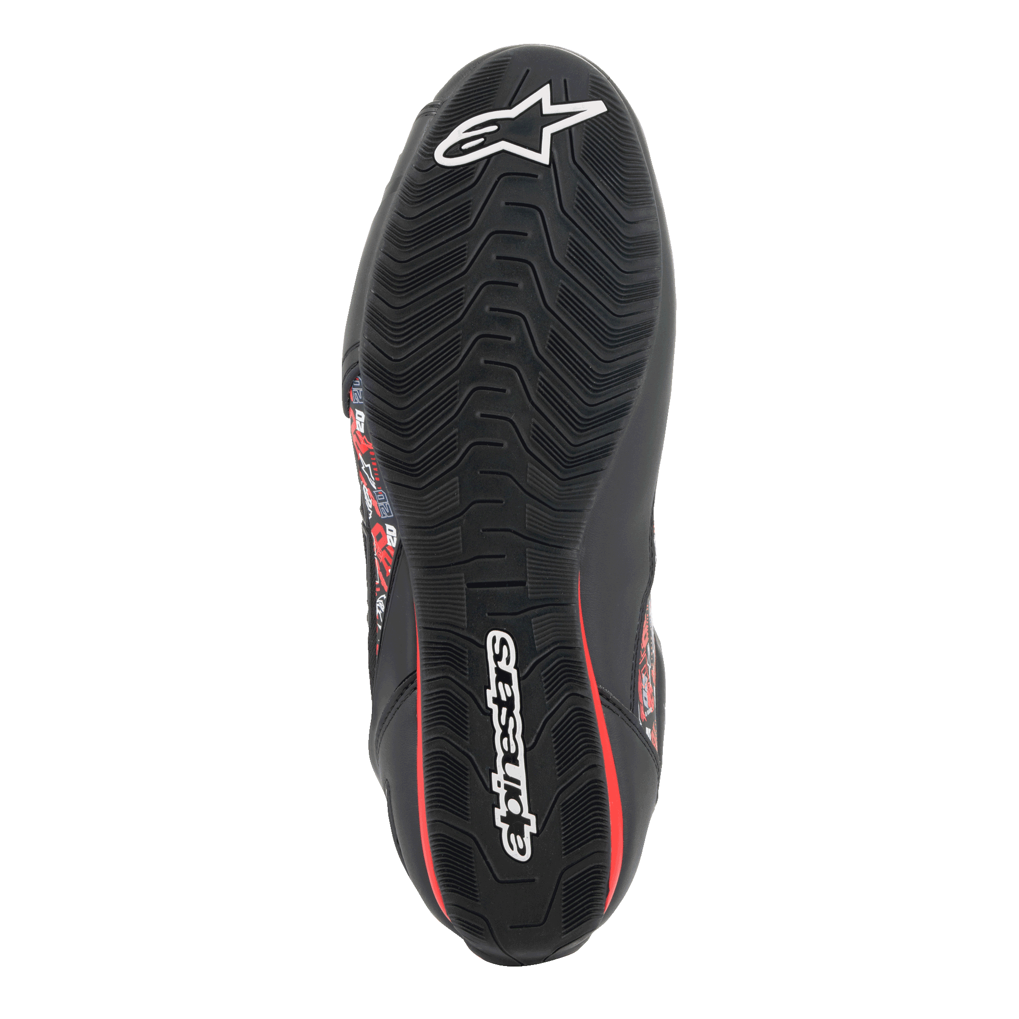 Alpinestars FQ20 Faster-3 Rideknit® Shoes, bottom view of the textured rubber sole, black with white Alpinestars logos and red accents, designed for grip and stability on motorcycle controls