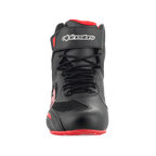 Alpinestars FQ20 Faster-3 Rideknit® Shoes, Motorcycle Riding Shoes, Black and Bright Red, front view showing lace closure and hook-and-loop top strap with Alpinestars branding, technical microfiber and breathable knit construction.