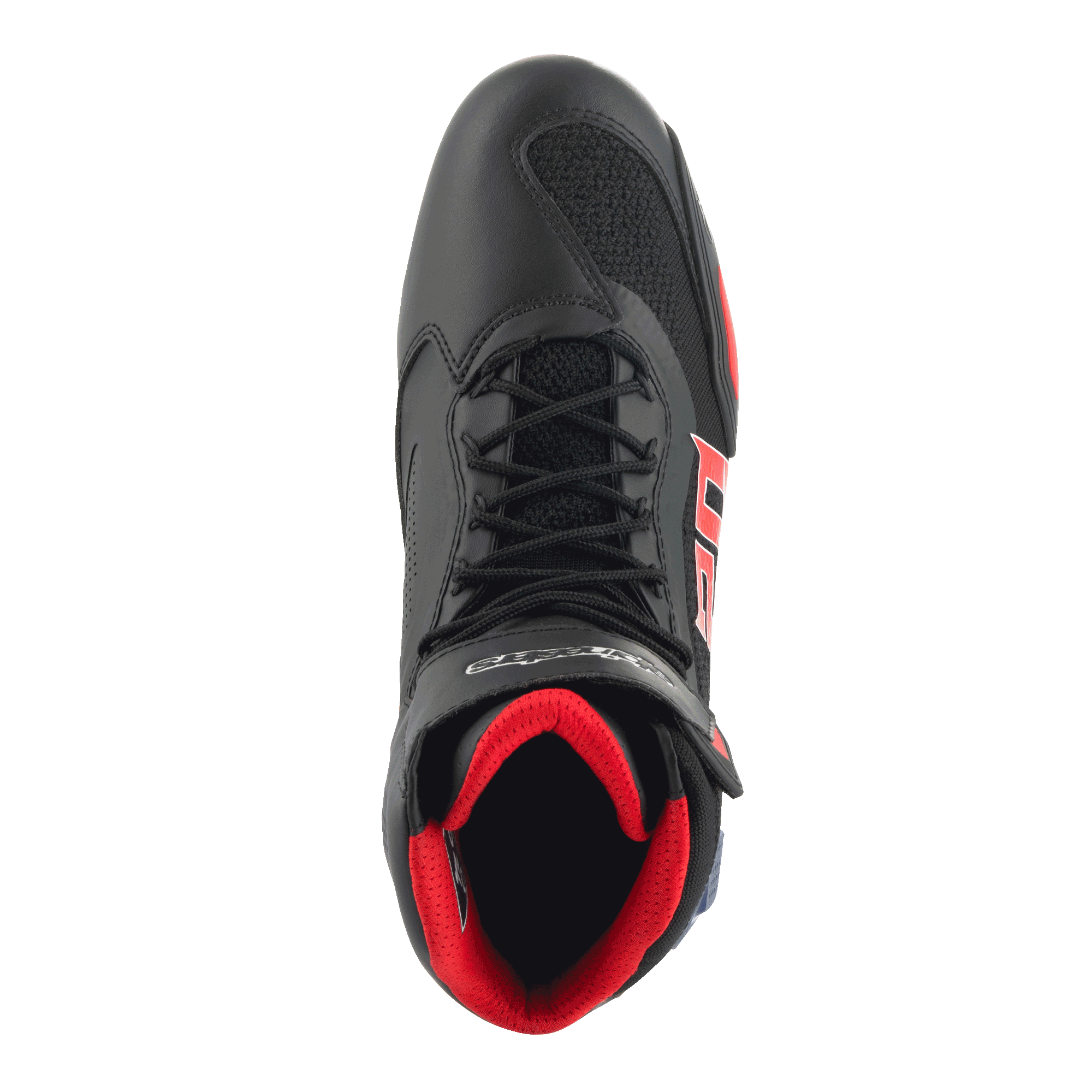Alpinestars FQ20 Faster-3 Rideknit® Shoes, motorcycle riding shoes, Black with Bright Red and Blue accents, top-down view featuring breathable Rideknit® mesh, lace-up design, and padded red interior