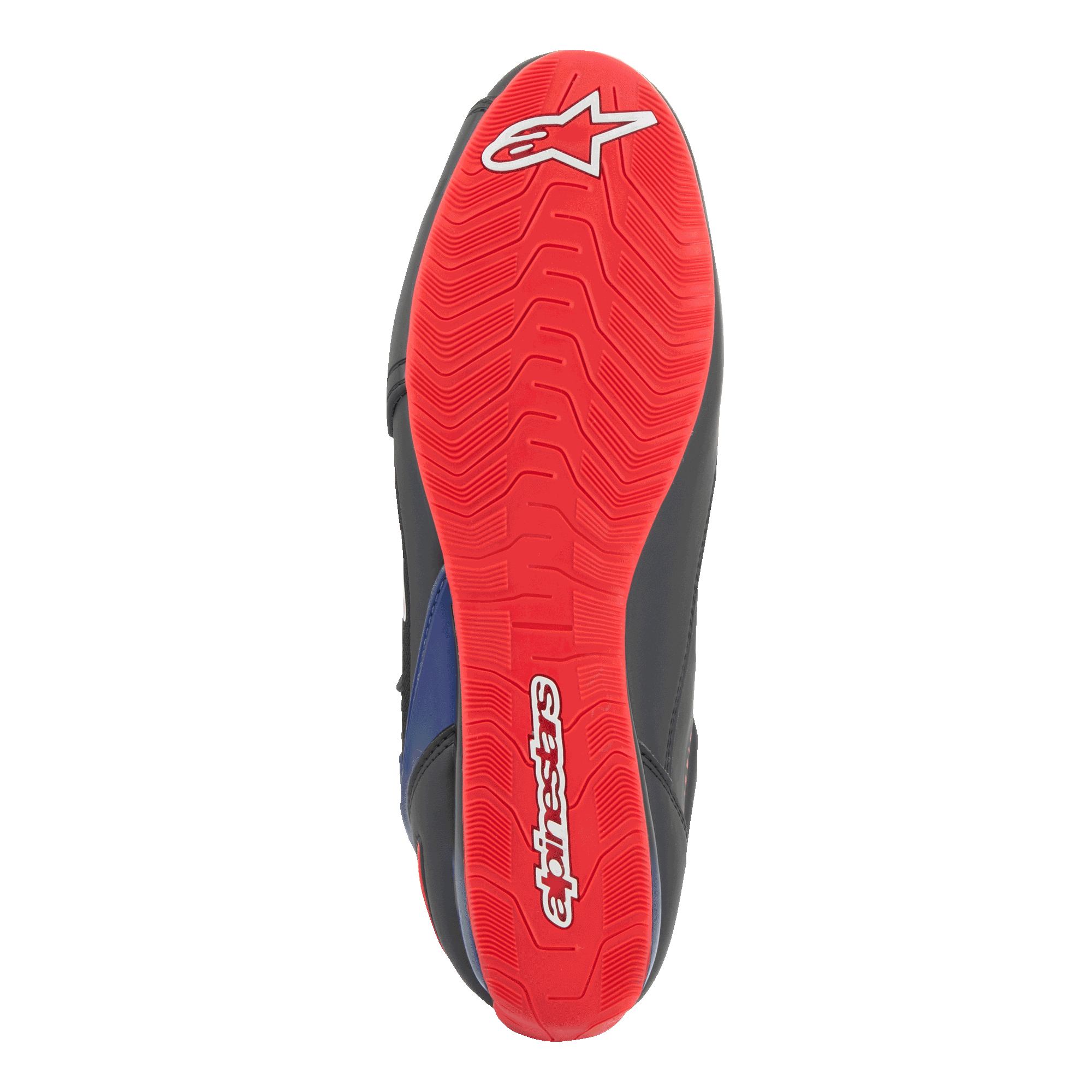 Alpinestars FQ20 Faster-3 Rideknit® Shoes, bottom view of the sole, bright red with white Alpinestars logo and script, textured grip pattern for motorcycle riding.