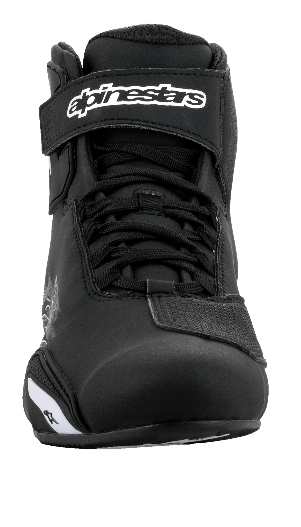 Alpinestars Sektor Shoes, Motorcycle Riding Shoes, Black and White, front view featuring speed lacing system and hook-and-loop ankle strap with white logo, sleek microfiber construction for road riding