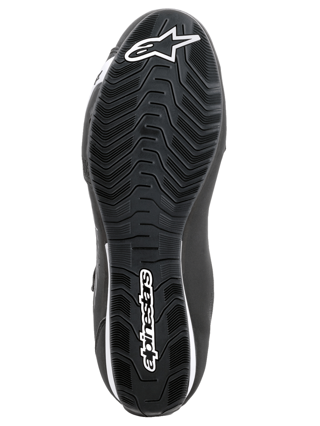 Alpinestars Sektor Shoes, Motorcycle Riding Shoes, Black and White, bottom view of the textured rubber sole with wavy tread pattern, featuring white Alpinestars logo and star symbol.