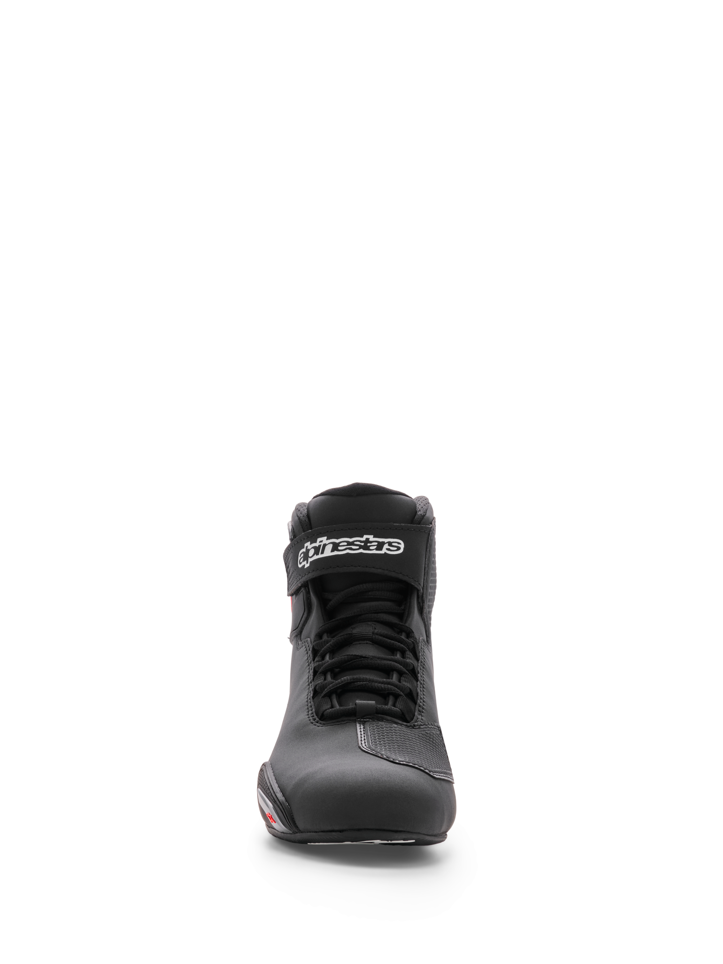 Alpinestars Sektor Shoe, Motorcycle Riding Shoe, Black, front view showing microfiber chassis, speed lacing system, and ankle strap with white Alpinestars logo, sleek athletic design for road riding