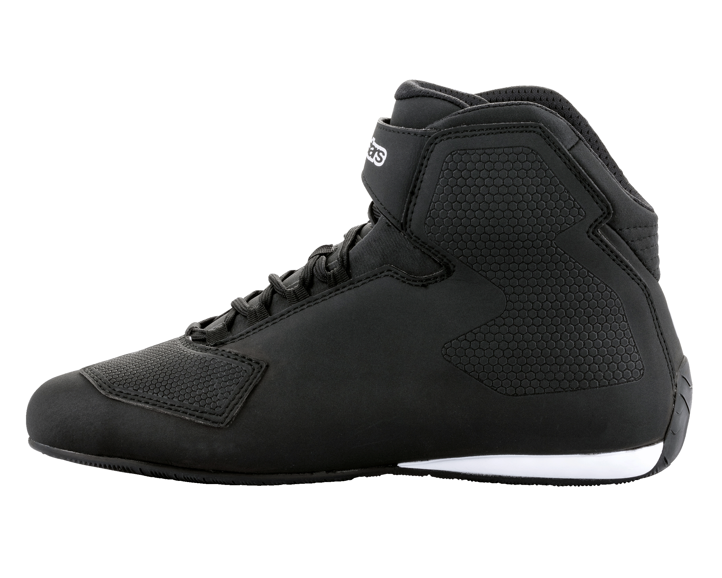 Alpinestars Sektor Shoes, Black and White motorcycle riding shoes, high-top profile, speed lacing system with ankle strap, textured microfiber chassis, white sole detailing at the heel, sleek protective footwear for road riding