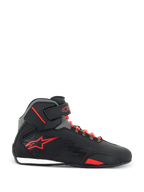 Alpinestars Sektor Shoes, Motorcycle Riding Shoes, Black and Bright Red, side view showing black microfiber upper, bright red laces, red star logo, and adjustable ankle strap, sleek design for road and sport riding
