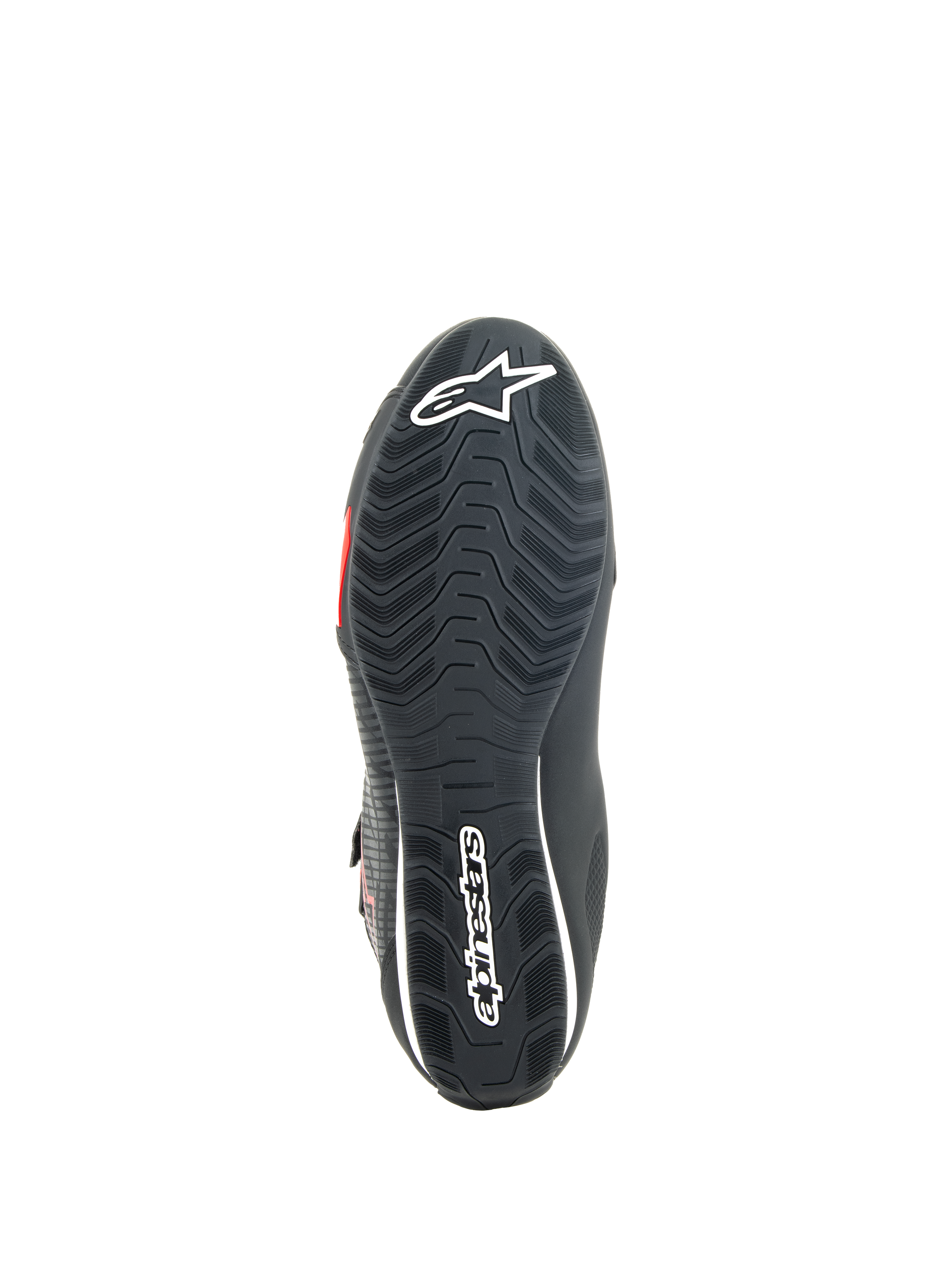 Alpinestars Sektor Shoes, Motorcycle Riding Shoes, Black and Bright Red, bottom view of textured rubber sole featuring white Alpinestars branding and integrated support shank for grip and stability.