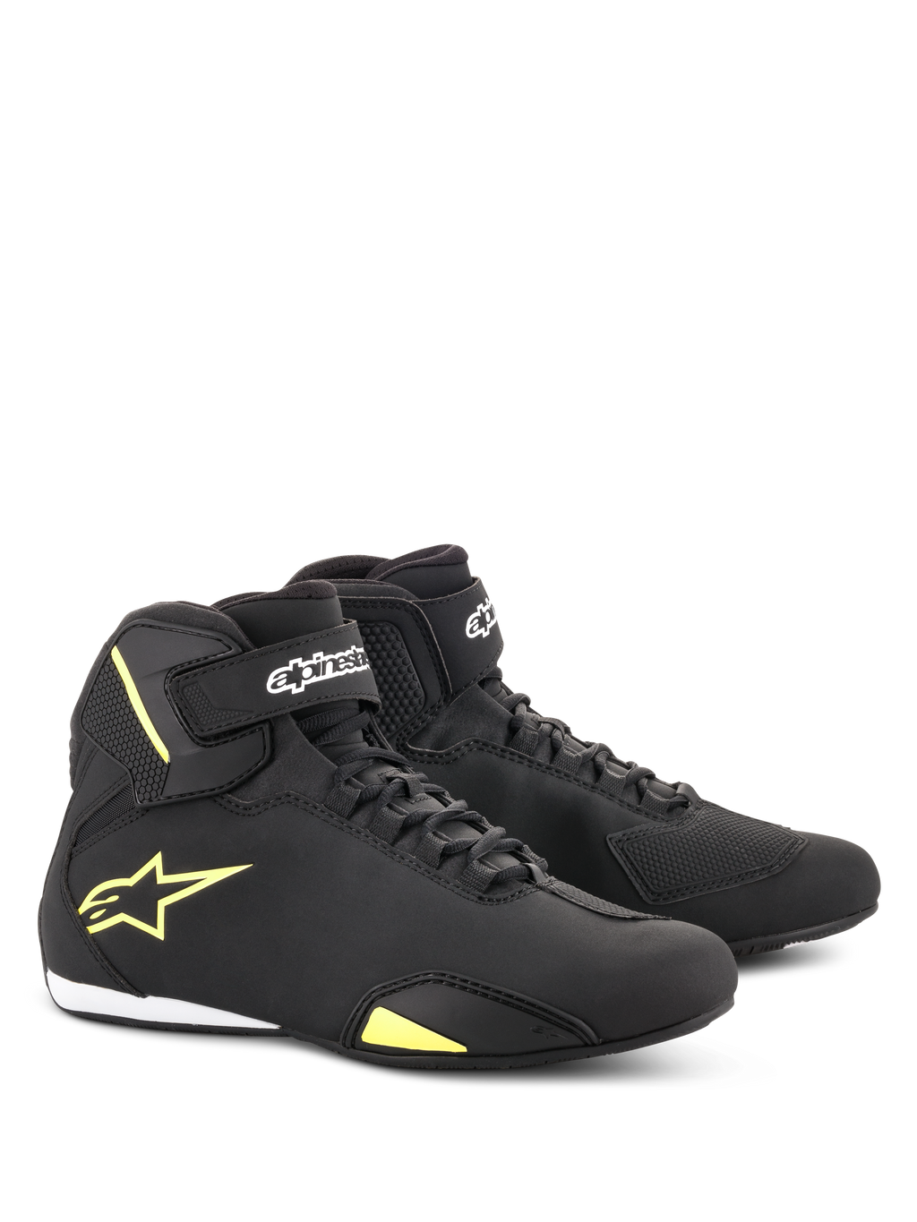 Alpinestars Sektor Shoes, Motorcycle Riding Shoes, Black and Yellow Fluorescent, mid-cut design featuring speed lacing and velcro ankle straps, yellow Alpinestars logo on the side, lightweight microfiber construction with sleek finish