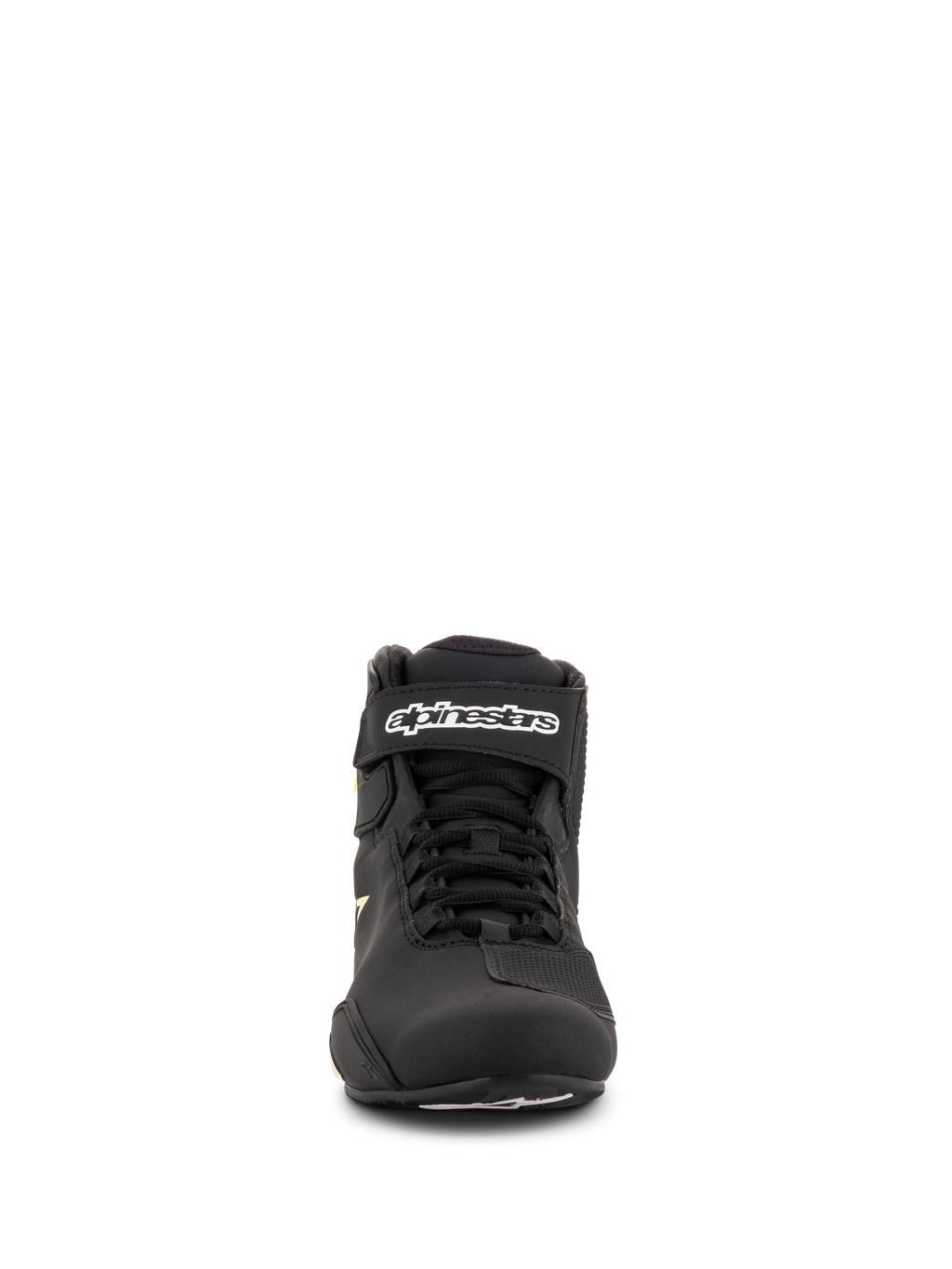 Alpinestars Sektor Shoes, Motorcycle Riding Shoes, Black and Yellow Fluo, front view featuring speed lacing system, ankle strap with white branding, and lightweight microfiber construction
