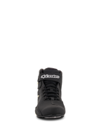 Alpinestars Sektor Shoes, Motorcycle Riding Shoes, Black and Yellow Fluo, front view featuring speed lacing system, ankle strap with white branding, and lightweight microfiber construction