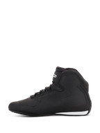 Alpinestars Sektor Shoes, Motorcycle Riding Shoes, Black and Dark Grey, side profile view, featuring lightweight microfiber construction, speed lacing system with ankle strap, and textured protective panels.