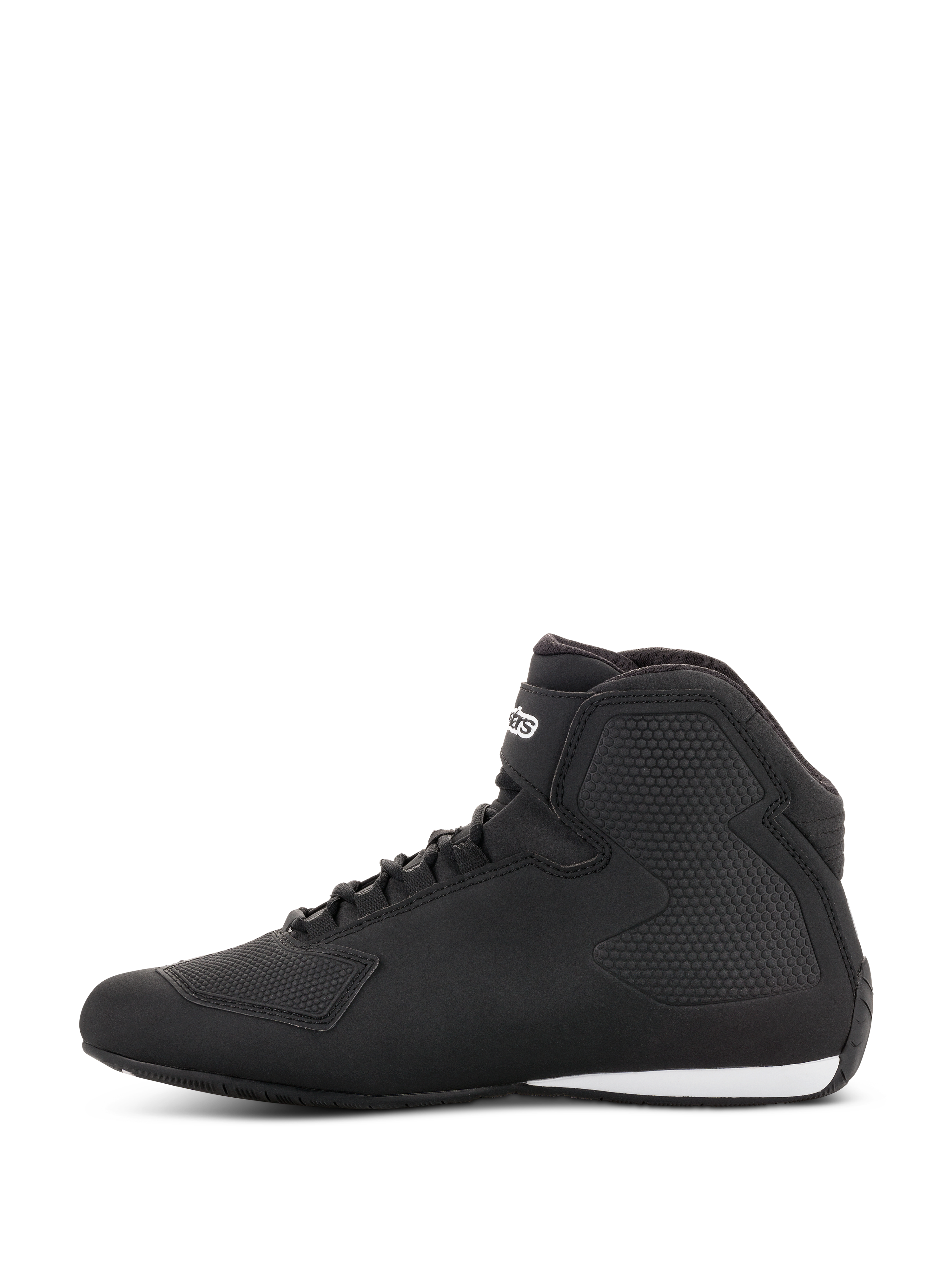 Alpinestars Sektor Shoes, Motorcycle Riding Shoes, Black and Dark Grey, side profile view, featuring lightweight microfiber construction, speed lacing system with ankle strap, and textured protective panels.