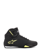 Alpinestars Sektor Shoes, Motorcycle Riding Shoes, Black and Yellow Fluorescent, side profile view featuring a yellow Astars logo, ankle strap with white branding, speed lacing system, and sleek microfiber construction.