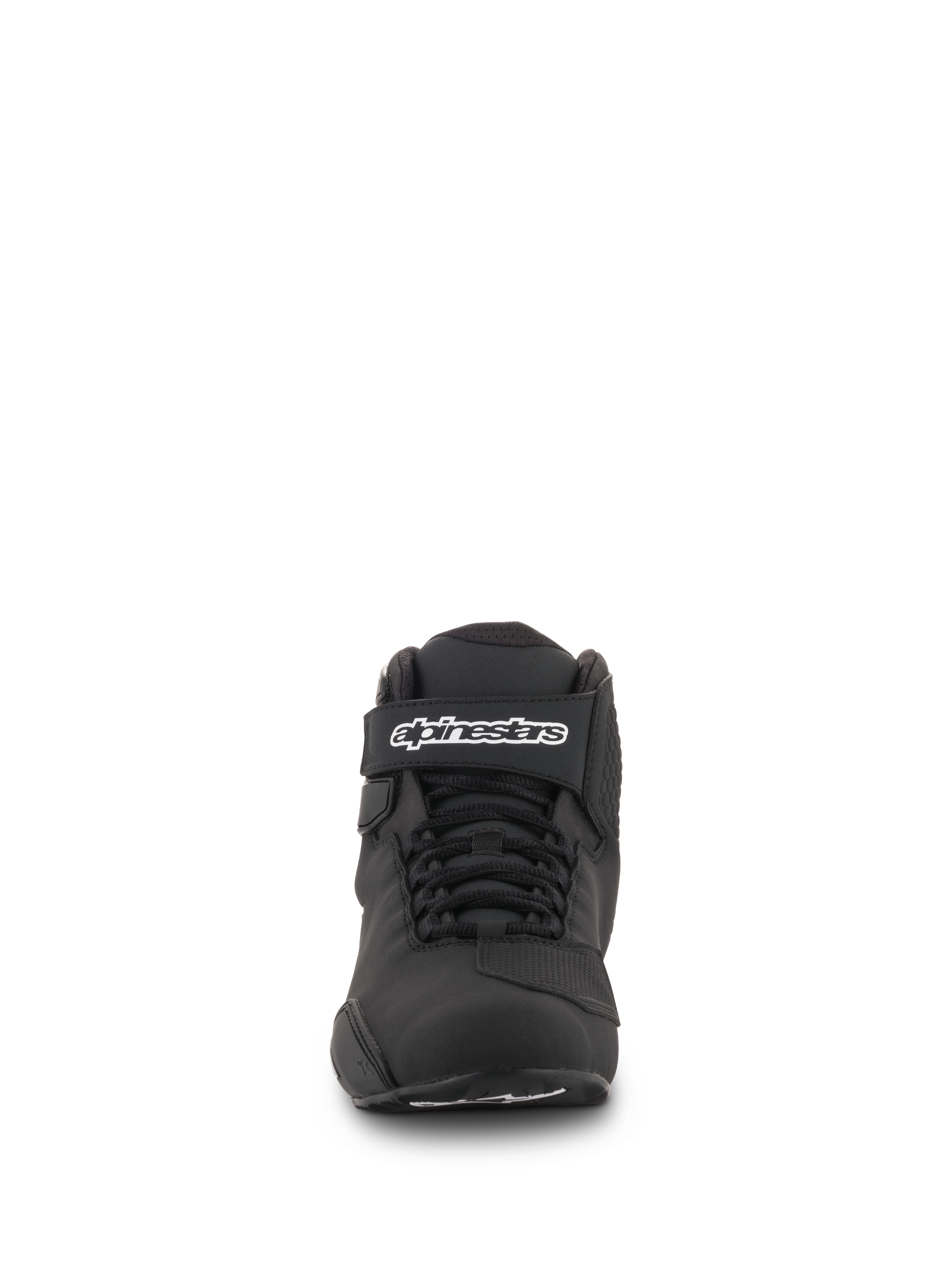 Alpinestars Sektor Shoes, Black, Front View, featuring speed lacing system and ankle strap with Alpinestars logo, lightweight microfiber motorcycle riding footwear