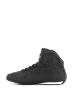 Alpinestars Sektor Shoes, Motorcycle Riding Shoes, Black, side profile view, high-top design with laces, microfiber upper, textured ankle protection, sleek racing-inspired look with white sole accent