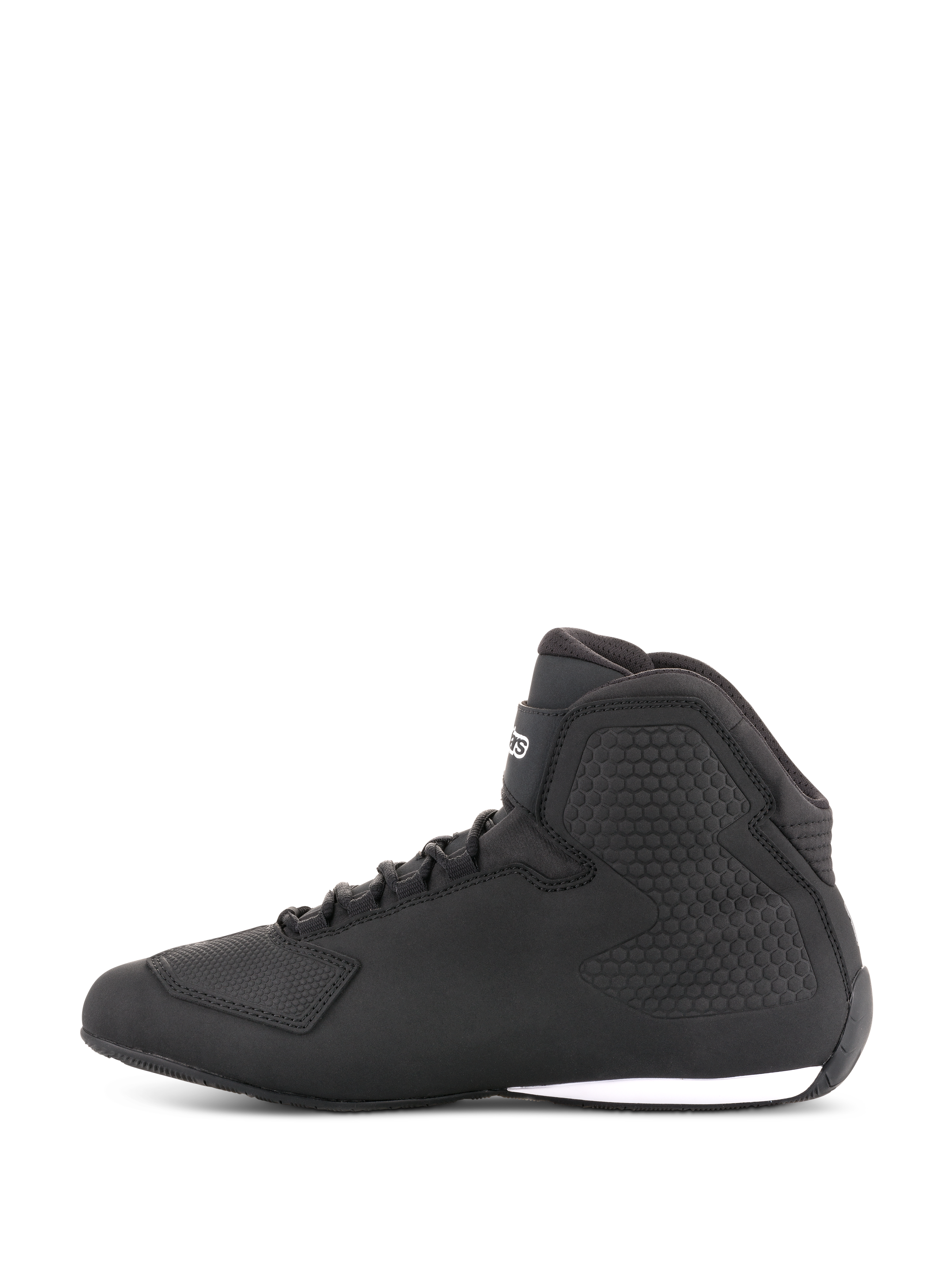Alpinestars Sektor Shoes, Motorcycle Riding Shoes, Black, side profile view, high-top design with laces, microfiber upper, textured ankle protection, sleek racing-inspired look with white sole accent