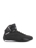 Alpinestars Sektor Shoes, Black Motorcycle Riding Shoes, side profile view, sleek microfiber construction with reinforced toe and ankle strap, white Alpinestars logo, athletic sport-styled protective footwear.