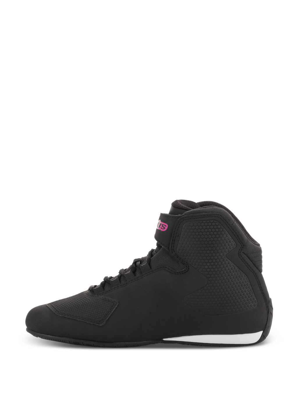 Alpinestars Women Stella Sektor Shoes, Motorcycle Riding Shoes, Black and Fuchsia, side profile featuring a black microfiber upper with a pink logo on the ankle strap and a white accent on the heel.
