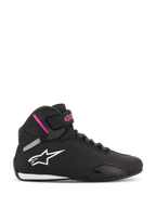 Alpinestars Women Stella Sektor Shoes, Black and Fuchsia high-top motorcycle riding shoes, white star logo, pink accents on ankle strap, black laces, white and black sole, lightweight microfiber construction
