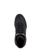 Alpinestars Women Stella Sektor Shoes, Motorcycle Riding Shoes, Black and Fuchsia, top-down view showing speed lace system and fuchsia branding on the ankle strap, lightweight microfiber construction with a sleek sport profile
