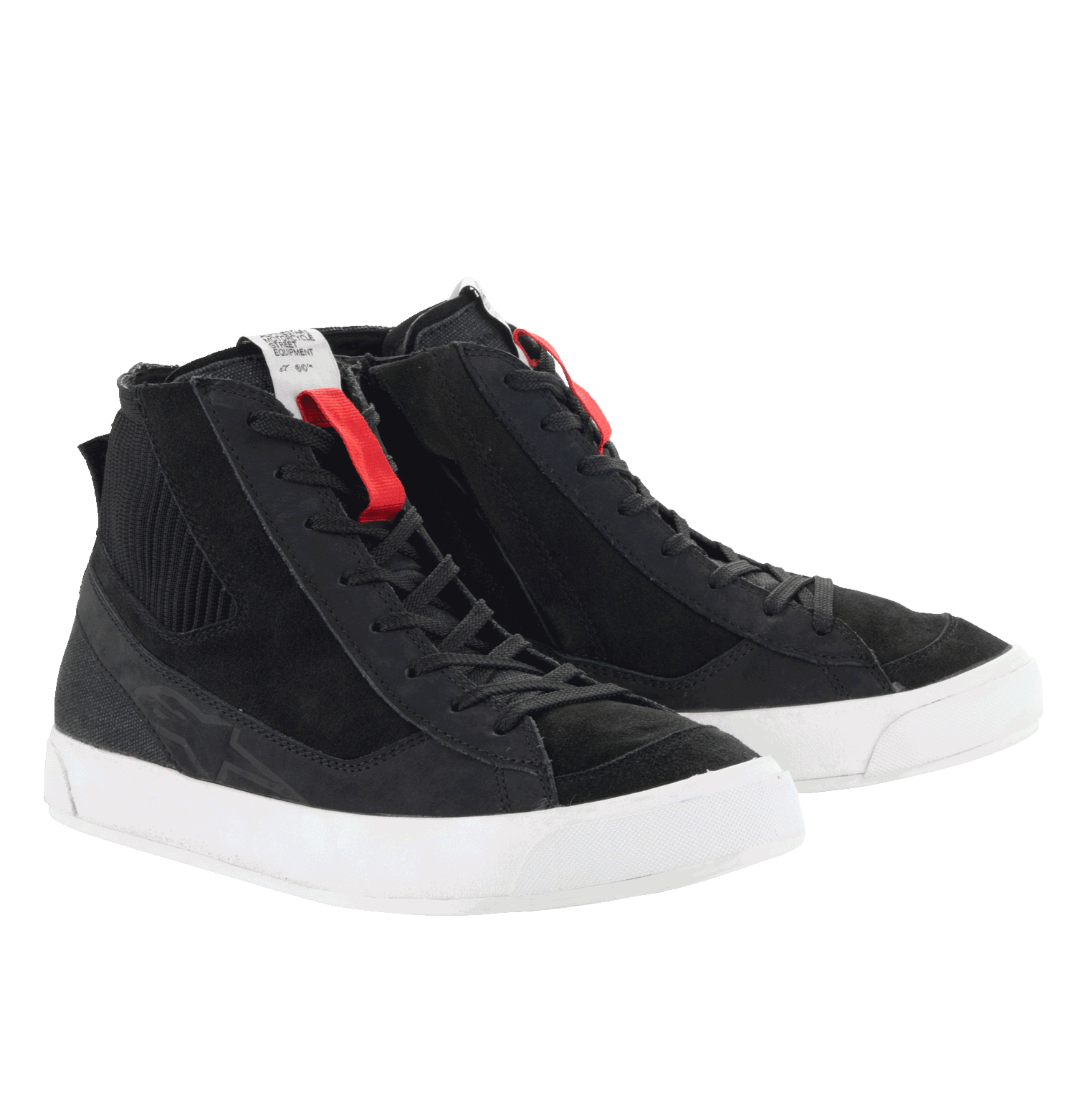 Alpinestars Stated Shoes, Urban Motorcycle Riding Shoes, Black with White soles, retro street-sneaker style, high-top design featuring nubuck and suede construction, classic laces with red accents, protective urban riding footwear