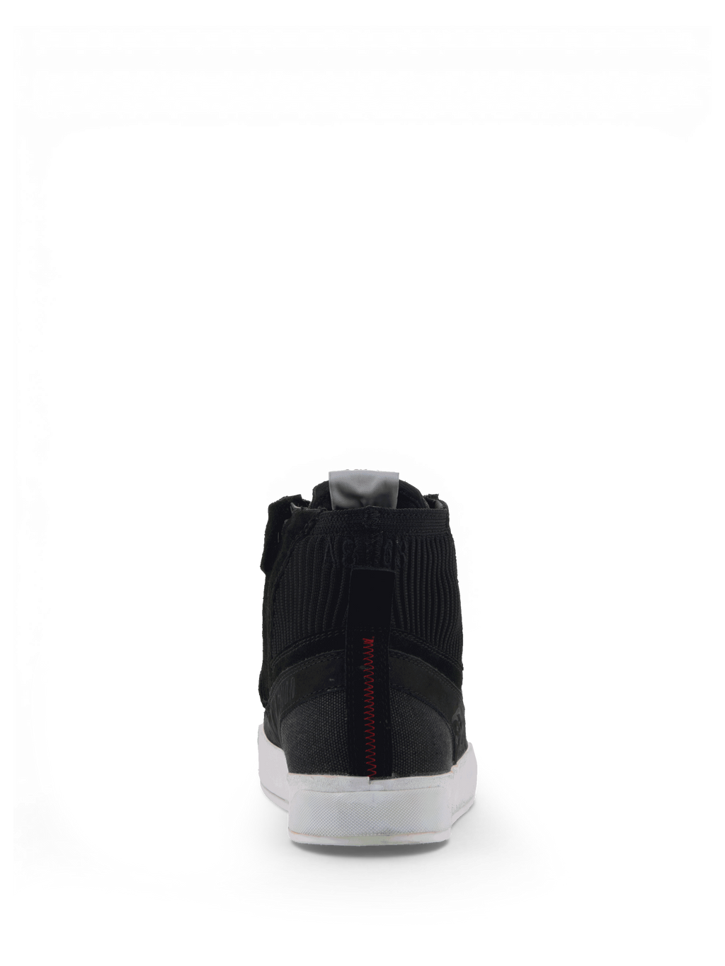 Alpinestars Stated Shoes, men's black urban riding sneakers in nubuck and canvas, rear view with white soles.