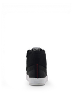 Alpinestars Stated Shoes, men's black urban riding sneakers in nubuck and canvas, rear view with white soles.