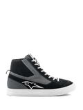 Alpinestars Stated Shoes, high-top motorcycle riding shoes, Black Gray and White, featuring a white star logo, white vulcanized rubber sole, ribbed knitted ankle collar and white laces, urban street style
