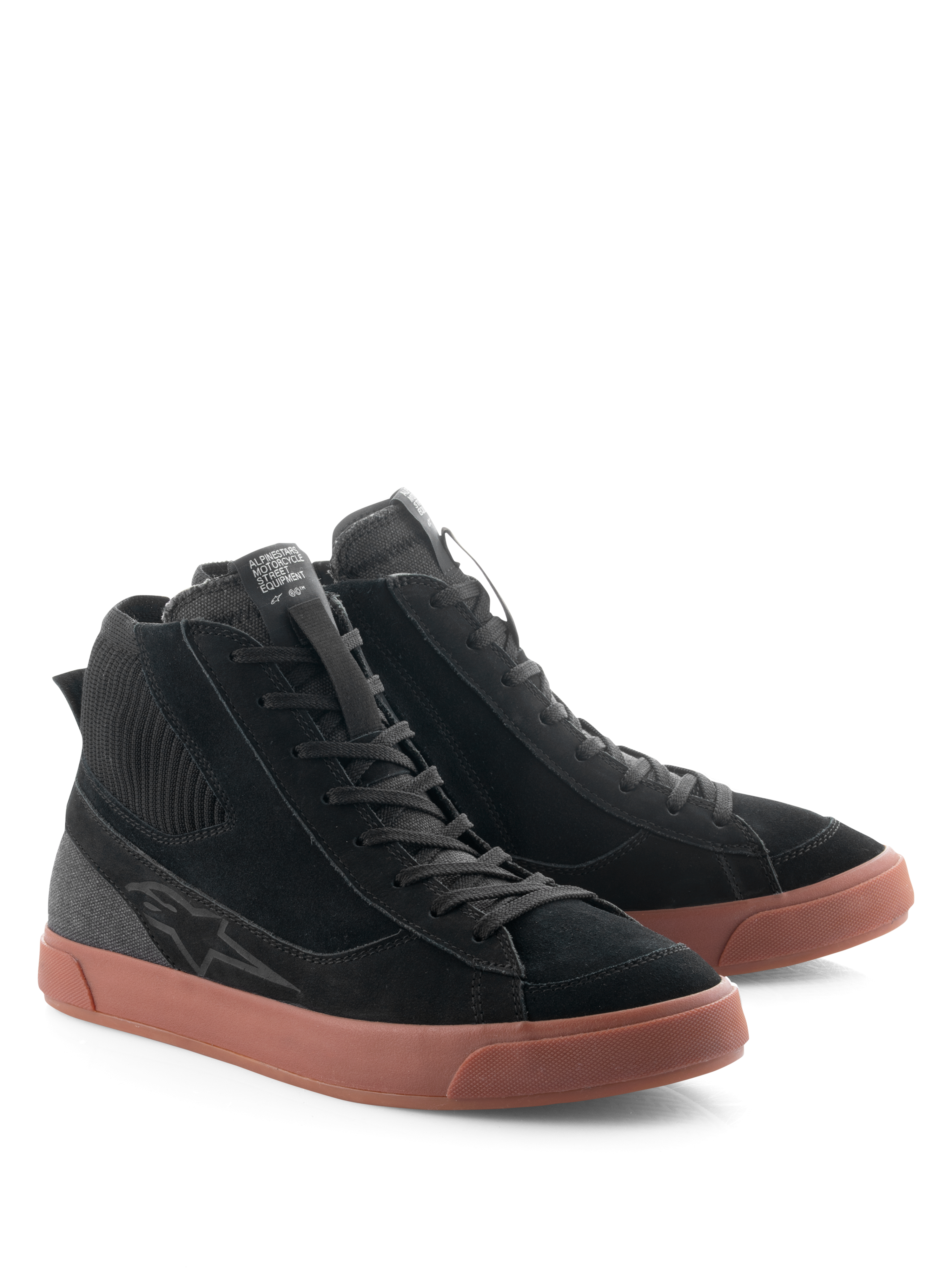 Alpinestars Stated Shoes, Urban Motorcycle Riding Shoes, Black and Gum, high-top silhouette with black suede and canvas upper, brown vulcanized rubber sole, retro skate-inspired design for street and road use
