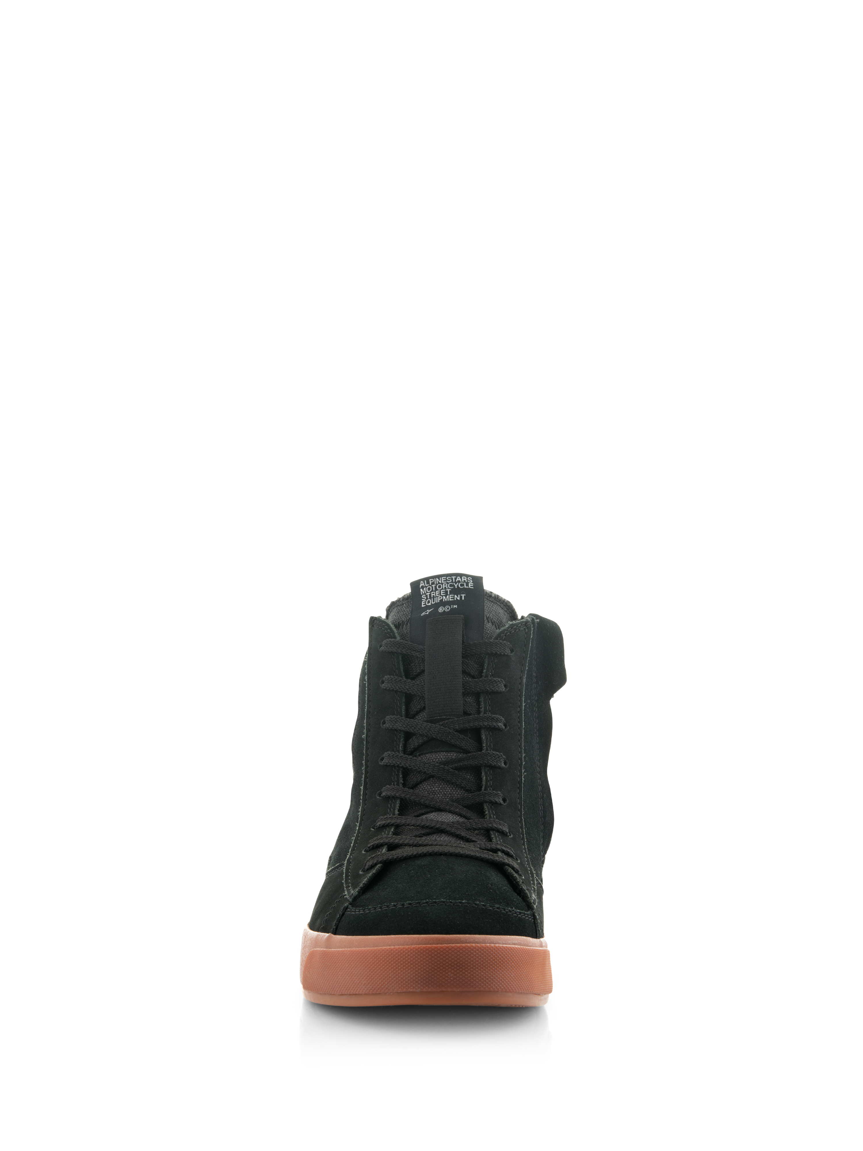 Alpinestars Stated Shoes, Urban Motorcycle Riding Shoes, Black Gum, front view featuring black nubuck and suede upper, classic laces, and textured gum sole, skate-inspired protective footwear