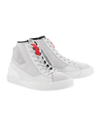 Alpinestars Stated Shoes, Motorcycle Riding Shoes, White Cool Gray, retro-style high-top sneakers with vulcanized rubber soles, red lace loop accents, and durable nubuck and canvas construction.