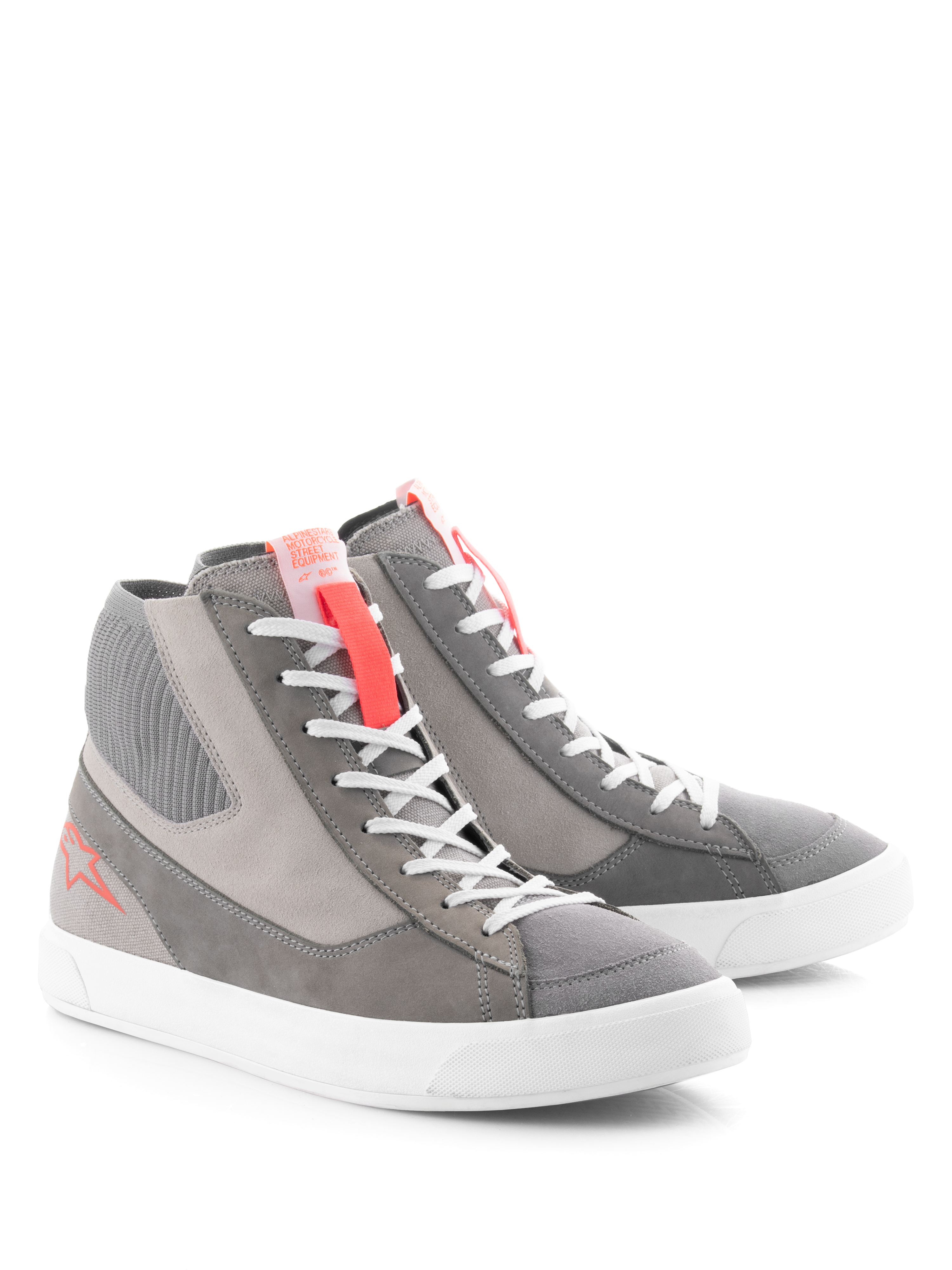 Alpinestars Stated Shoes, Urban Motorcycle Riding Shoes, Light Gray Red Fluo White, retro street sneaker design with a white vulcanized sole, suede and canvas panels, featuring fluo red accents on the tongue and side logo.