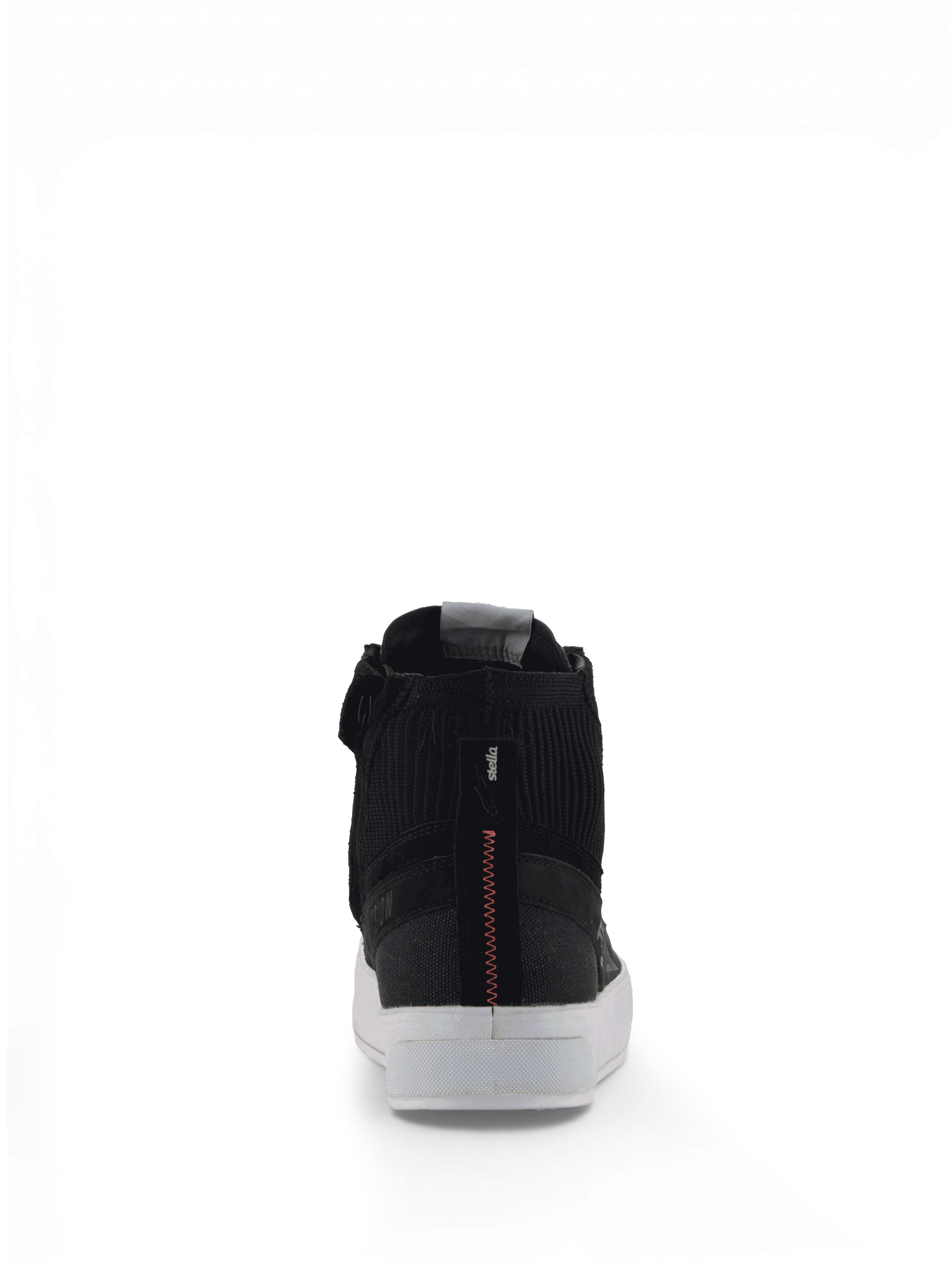 Alpinestars Stella Stated Podium Shoes, women's urban motorcycle sneakers, black and white with red heel stitching.