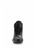 Alpinestars Faster-4 Drystar® Shoes, Motorcycle Riding Shoes, Black and Cool Gray, front view featuring lace-up closure and adjustable hook-and-loop strap with Alpinestars branding, sleek waterproof design for road sports