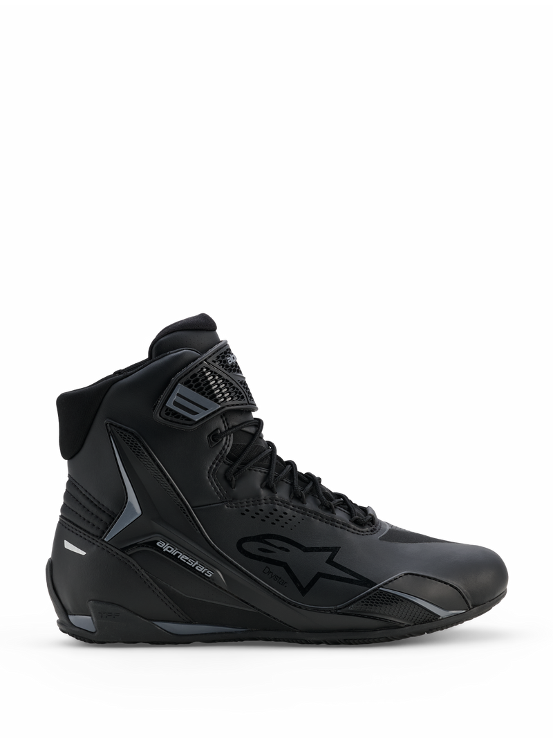 Alpinestars Faster-4 Drystar® Shoes, Black and Cool Gray Motorcycle Riding Shoes, High-Top Design with Lace-Up Closure and Hook-and-Loop Ankle Strap, Featuring Drystar Waterproof Branding and Alpinestars Star Logo, Sleek Sporty Profile for Road Riding