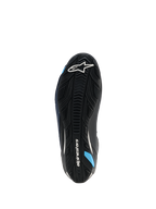Alpinestars Faster-4 Drystar® Shoes, Sole View, Black Night Navy Cyan, featuring a reinforced rubber outsole with textured grip, white Alpinestars logo, and cyan blue accents, designed for motorcycle riding stability
