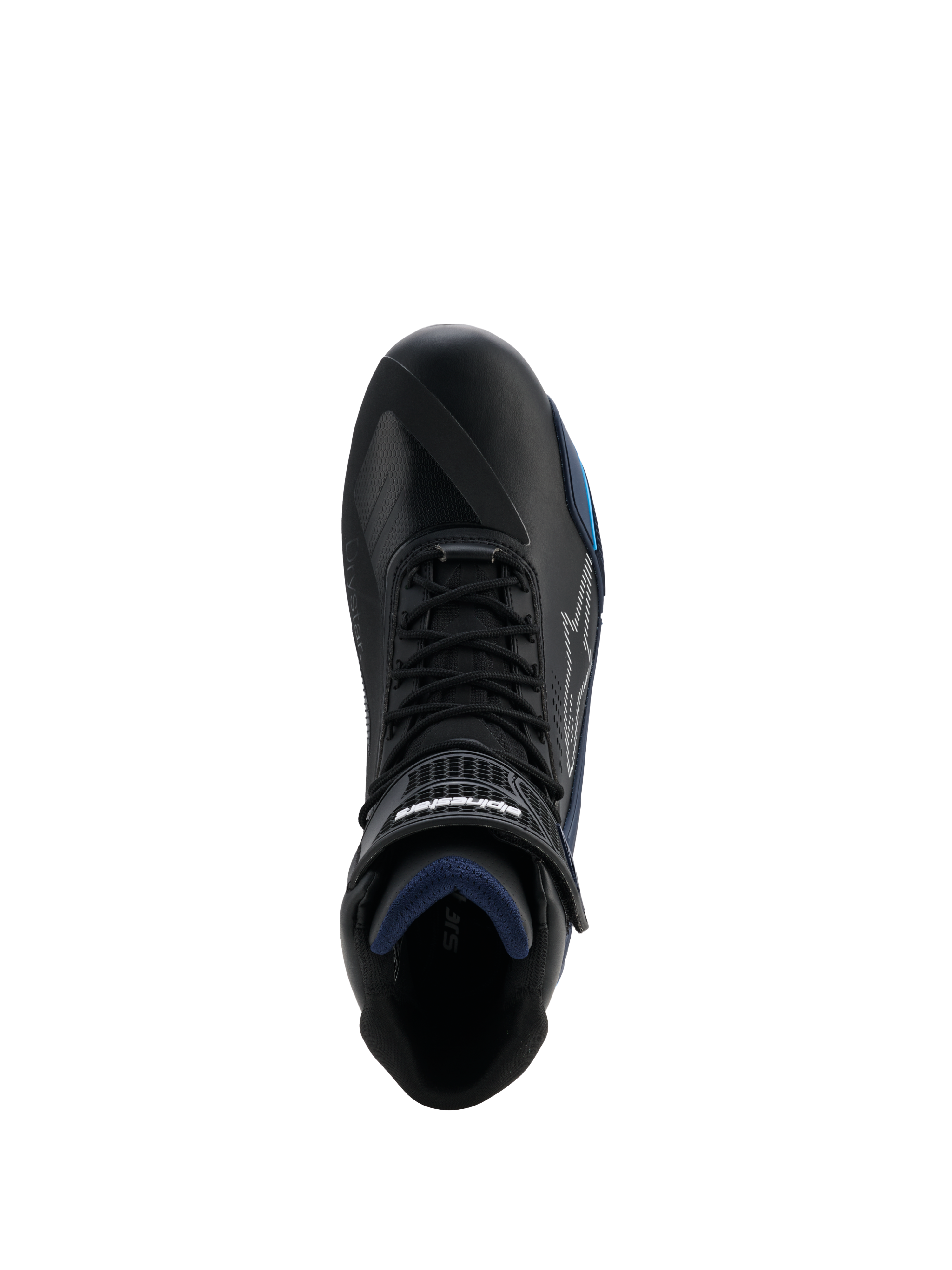 Alpinestars Faster-4 Drystar® Shoes, Top-down view of black motorcycle shoe, featuring Black Night Navy Cyan accents, lace closure with hook and loop strap, waterproof microfiber construction, sport road riding footwear