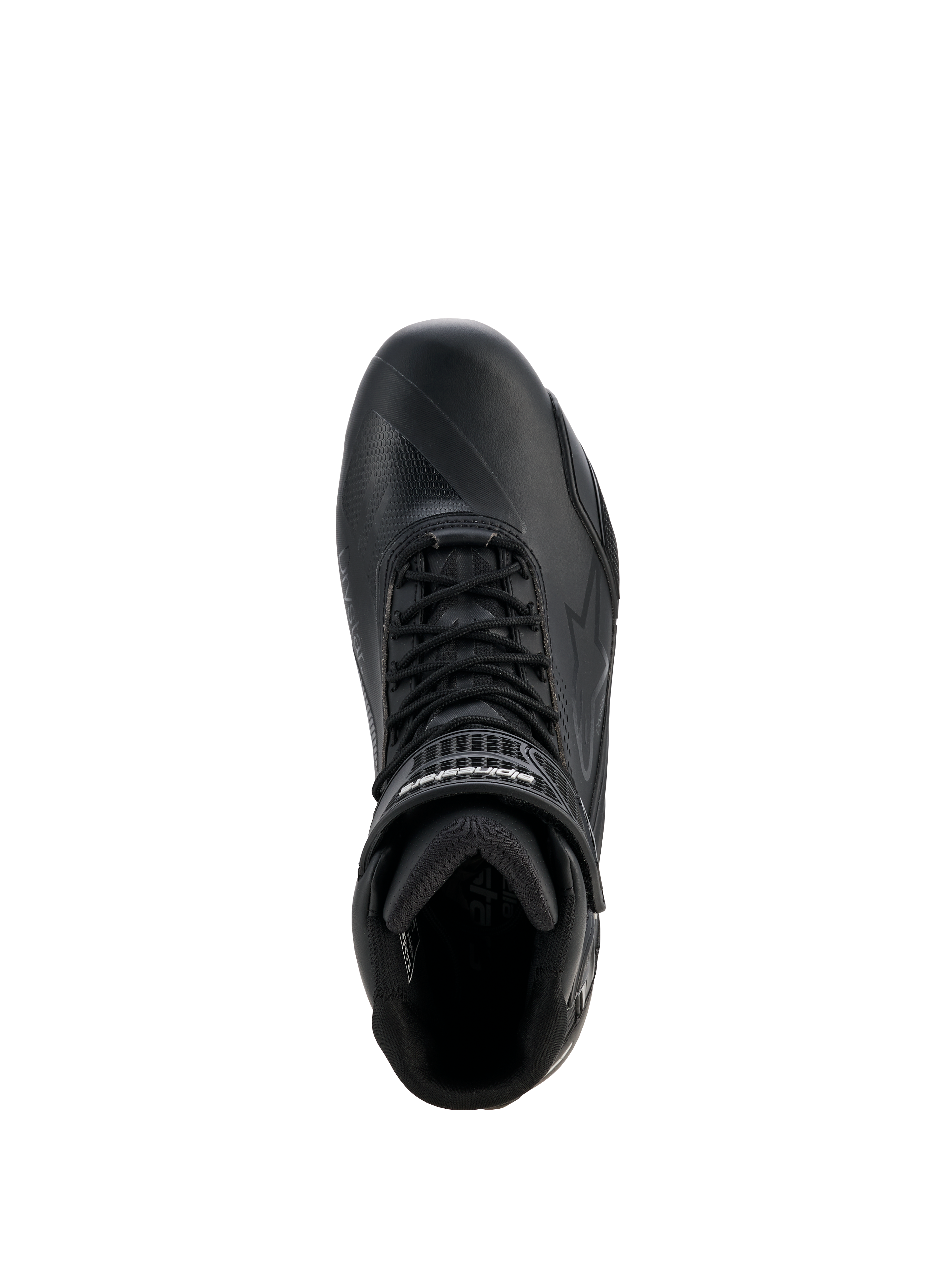 Alpinestars Woman Stella Faster-4 Drystar® Shoes, Women's Motorcycle Riding Shoes, Black and Silver, top-down view showing lace-up closure, velcro ankle strap, and waterproof microfiber construction