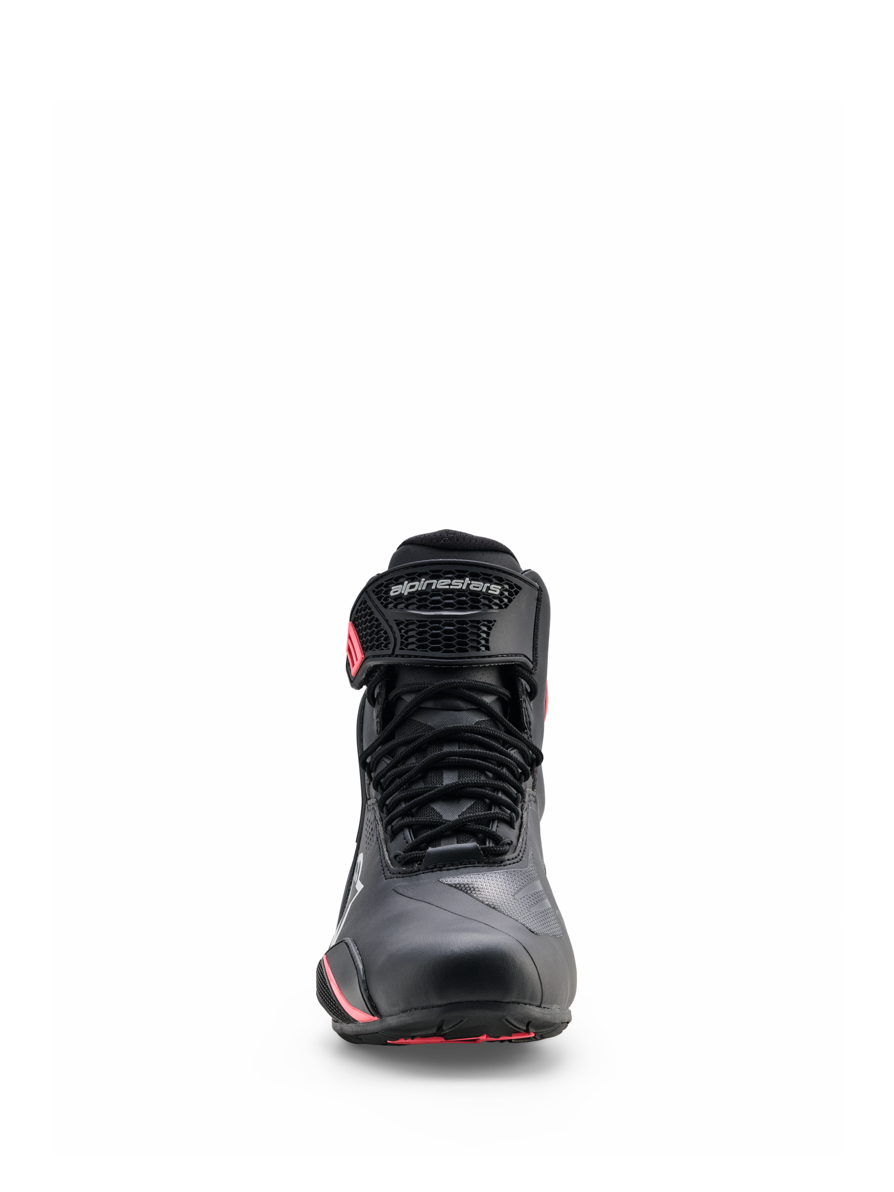Alpinestars Stella Faster-4 Drystar® Shoes, Women's Motorcycle Riding Shoes, Black Gray and Coral Fluo, front view featuring lace-up closure, protective ankle strap with branding, and coral accents
