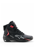Alpinestars Stella Faster-4 Drystar® Shoes, Women's Motorcycle Riding Shoes, Black with Gray and Coral Fluo accents, high-top design with side branding and hook-and-loop strap, waterproof microfiber for sports riding