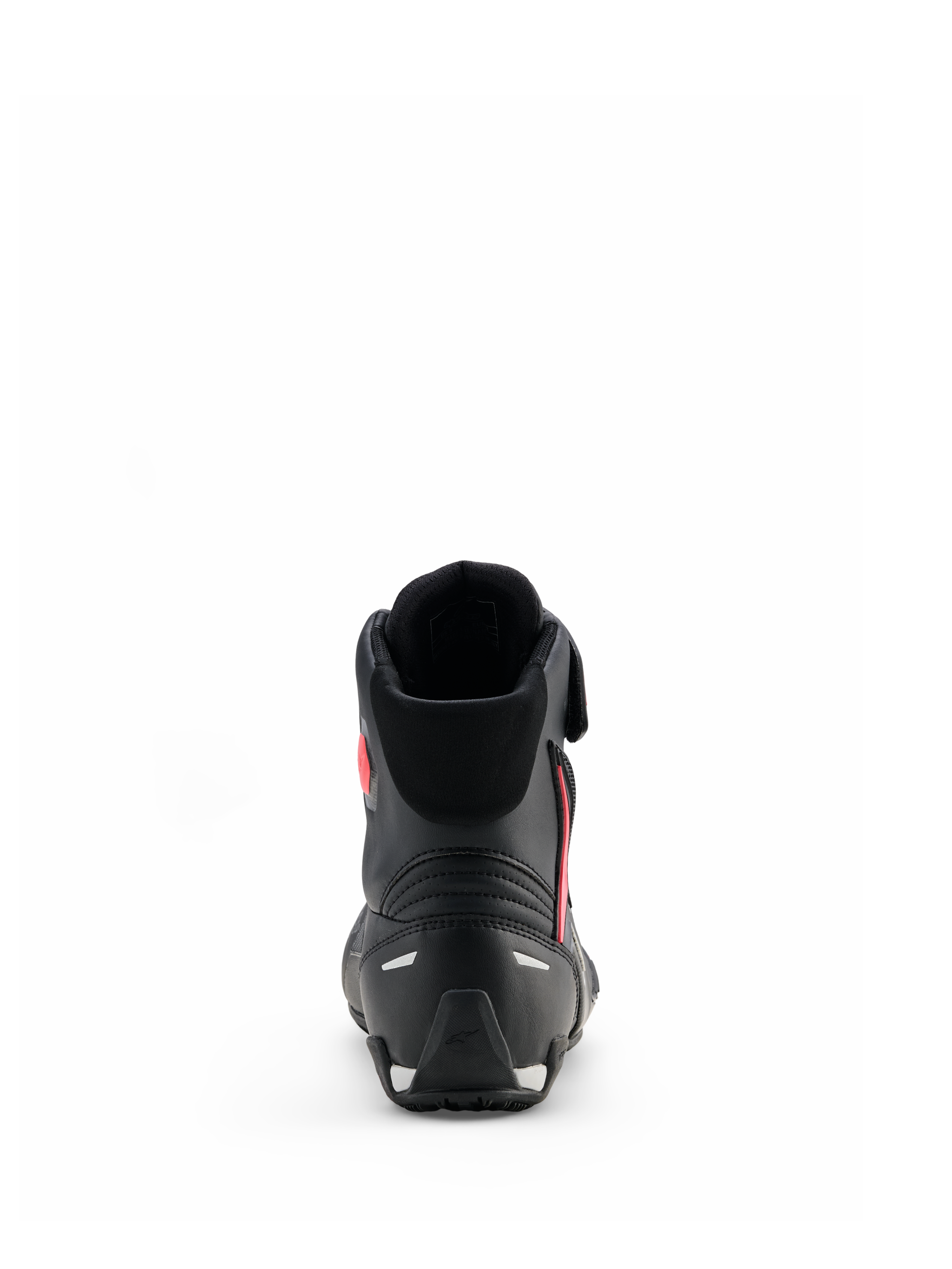 Alpinestars Woman Stella Faster-4 Drystar® Shoes, Black Gray Coral Fluo, rear view showing heel support and reflective accents, waterproof motorcycle riding shoes with a sports-inspired design for women