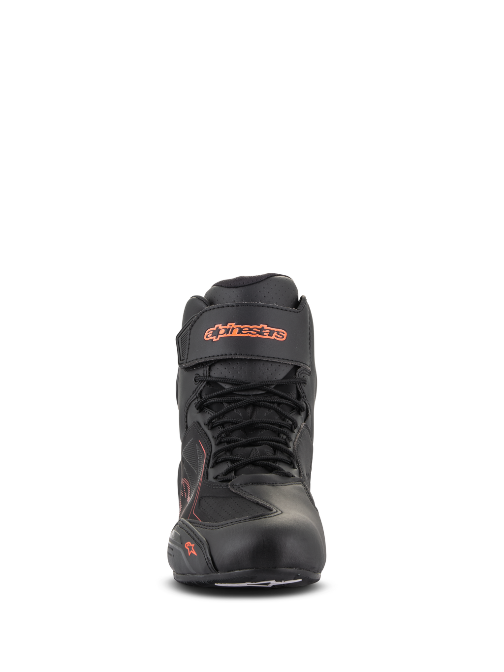 Alpinestars Faster-3 Drystar® Shoes, Black and Red Fluo, front view, waterproof motorcycle riding shoe with microfiber chassis, lace-up design with velcro ankle strap, fluorescent logo branding