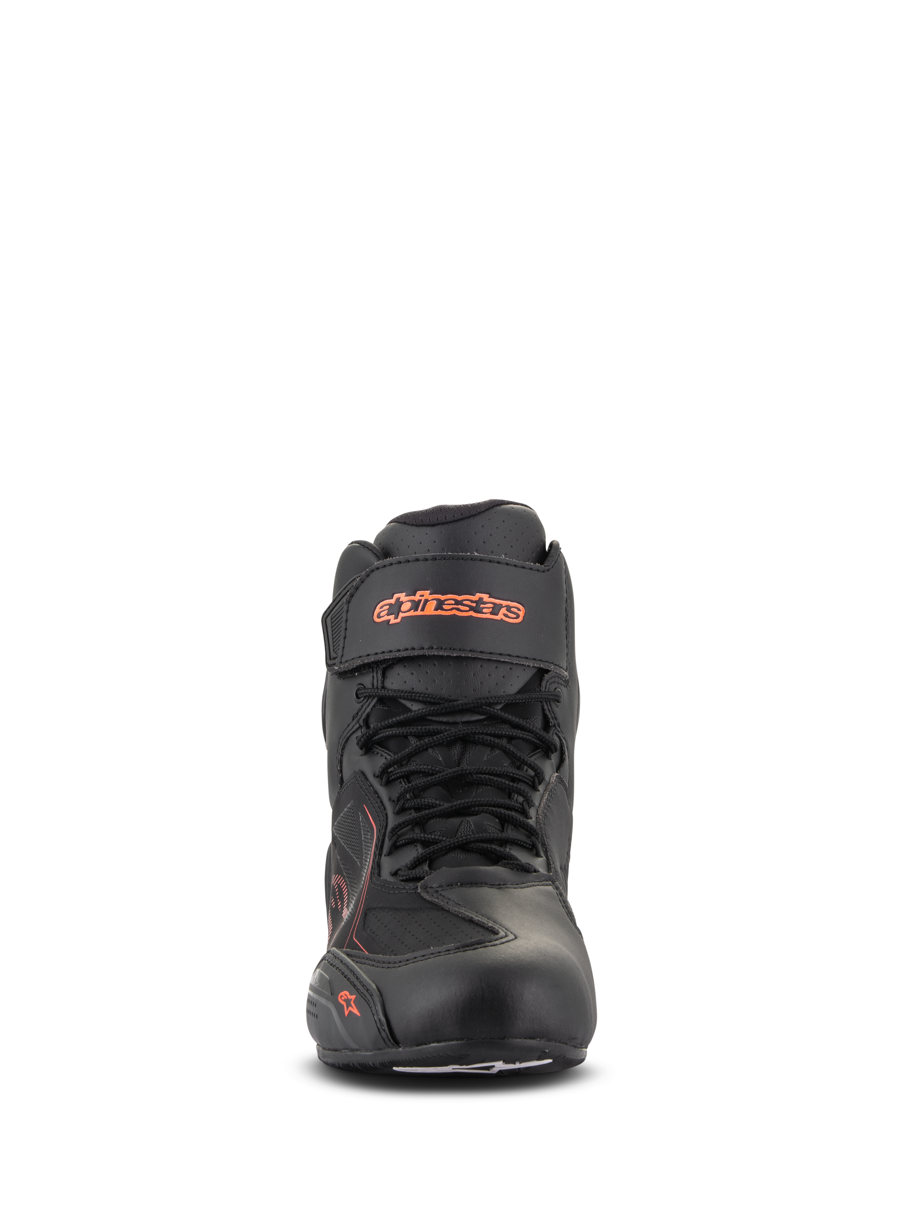 Alpinestars Faster-3 Drystar® Shoes, Black and Red Fluo, front view, waterproof motorcycle riding shoe with microfiber chassis, lace-up design with velcro ankle strap, fluorescent logo branding