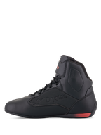 Alpinestars Faster-3 Drystar® Shoes, Motorcycle Riding Shoes, Black and Red Fluo, side profile view with embossed Drystar logo and red fluorescent heel accent, sleek microfiber chassis for urban and road riding
