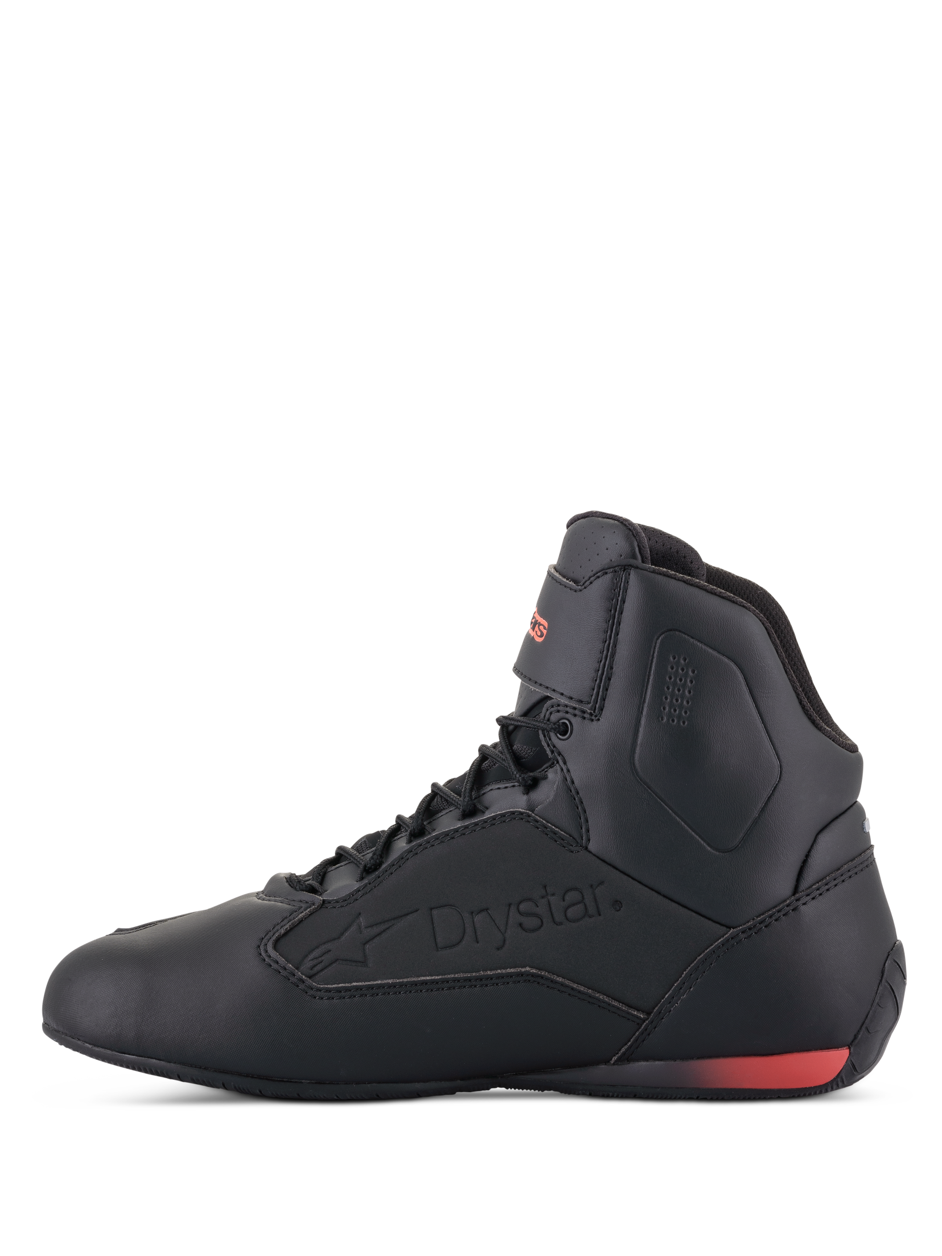 Alpinestars Faster-3 Drystar® Shoes, Motorcycle Riding Shoes, Black and Red Fluo, side profile view with embossed Drystar logo and red fluorescent heel accent, sleek microfiber chassis for urban and road riding